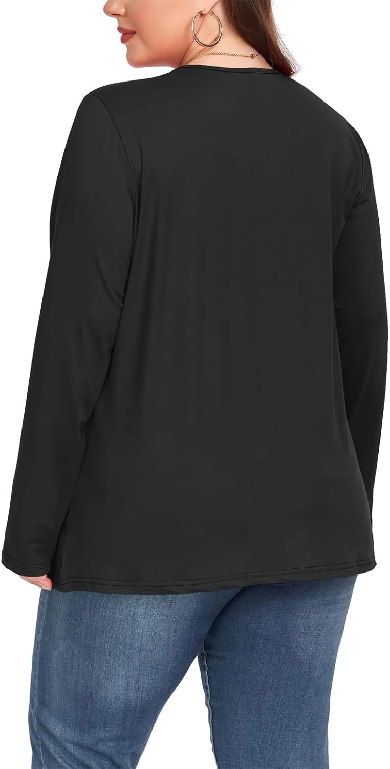 Women's Plus Size Top Henley Neck Shirt Long Sleeve Button Front Round Neck Tee Basic Ladies Loose Fit T Shirt