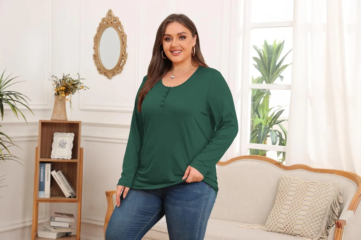 Women's Plus Size Top Henley Neck Shirt Long Sleeve Button Front Round Neck Tee Basic Ladies Loose Fit T Shirt
