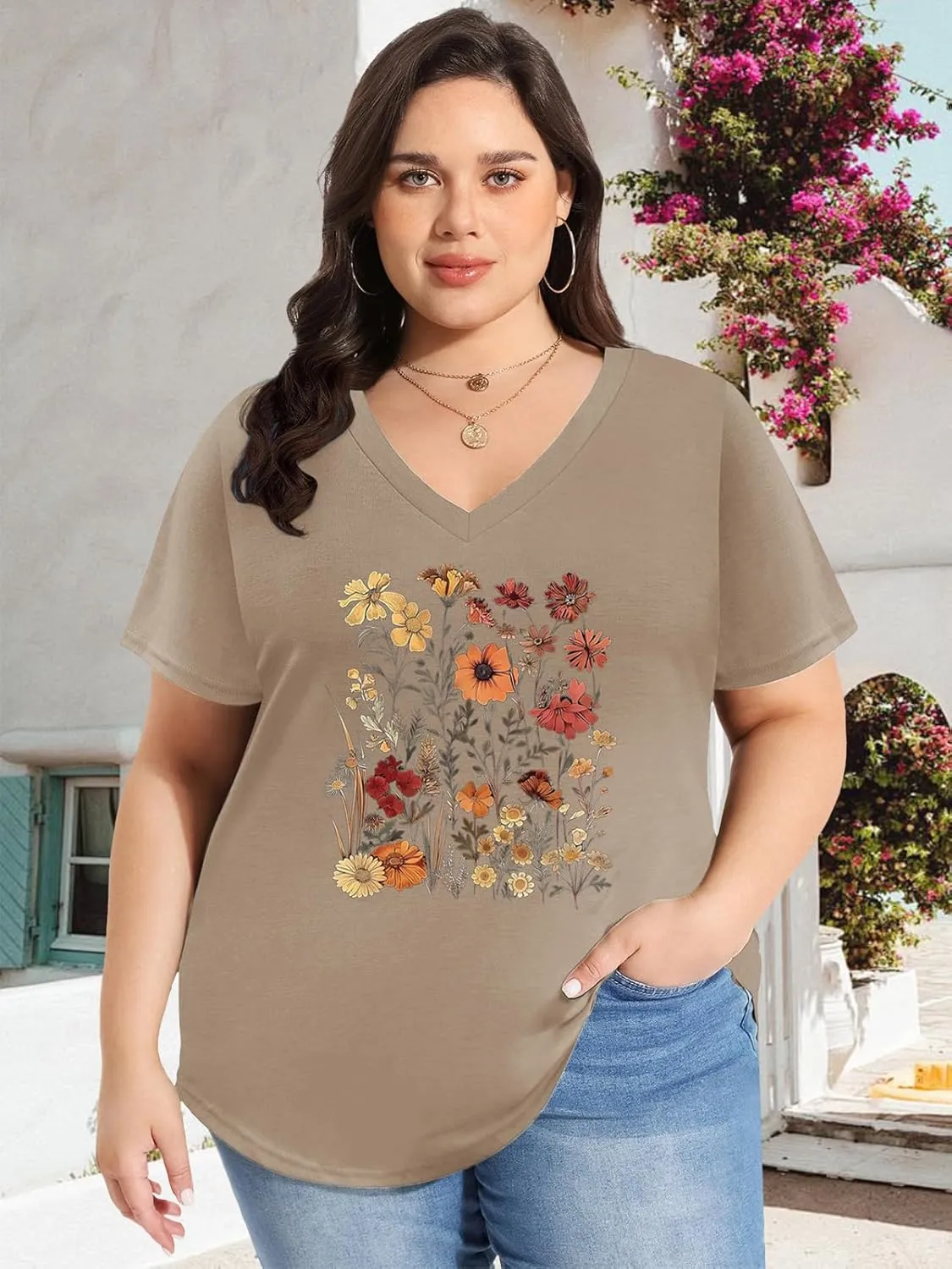 Womens Plus Size Tops Boho Floral Short Sleeve V Neck T-Shirt Casual Summer Wildflower Graphic Tees