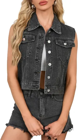 Womens Sleeveless Denim Vest Classic Button Down Jean Jackets with Pockets