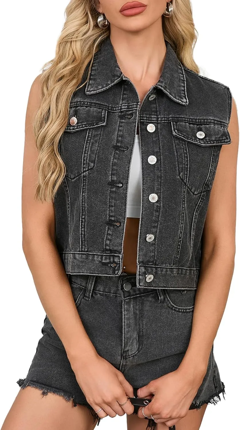 Womens Sleeveless Denim Vest Classic Button Down Jean Jackets with Pockets