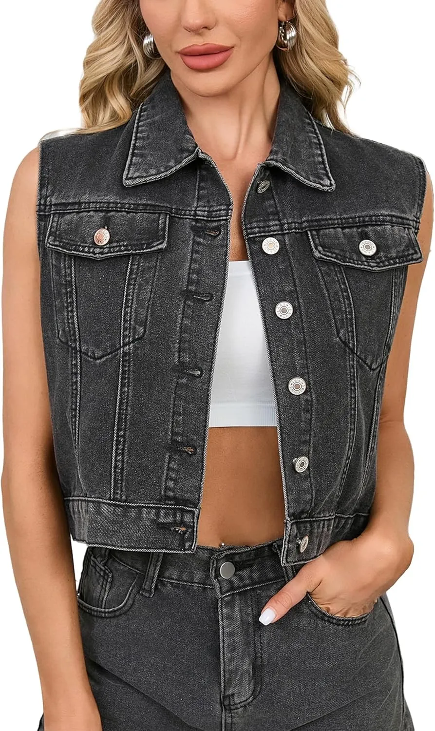 Womens Sleeveless Denim Vest Classic Button Down Jean Jackets with Pockets