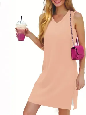 Women's Sleeveless Dresses Fashion V Neck Casual 2025 Dress with Side Slits Elegant Summer Dress Burgundy Sizes S-XL