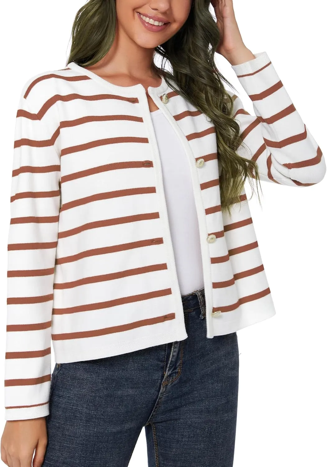 Women's Striped Cardigan Sweater Trendy Long Sleeve Button Down Crewneck Knit Cardigans