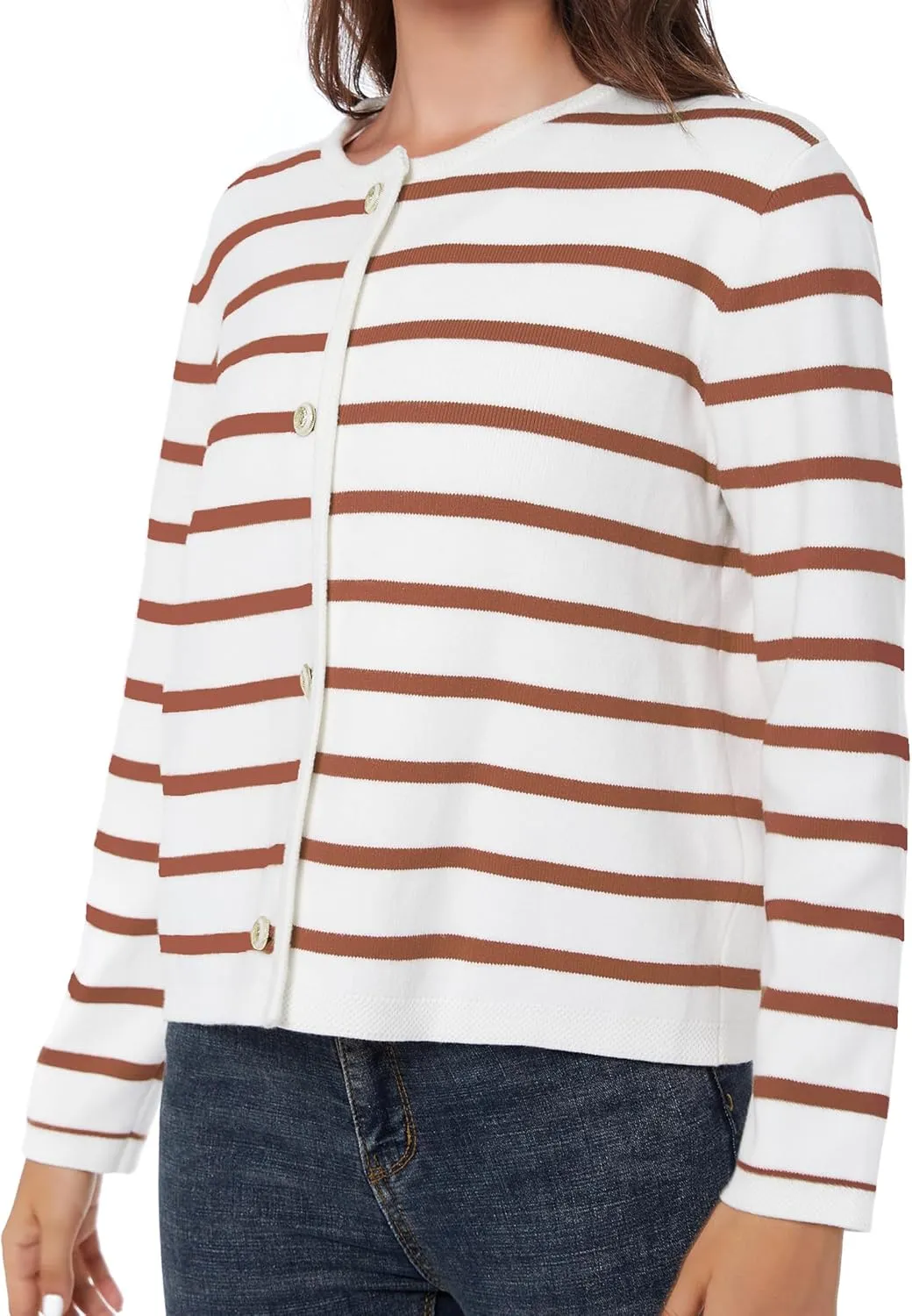 Women's Striped Cardigan Sweater Trendy Long Sleeve Button Down Crewneck Knit Cardigans