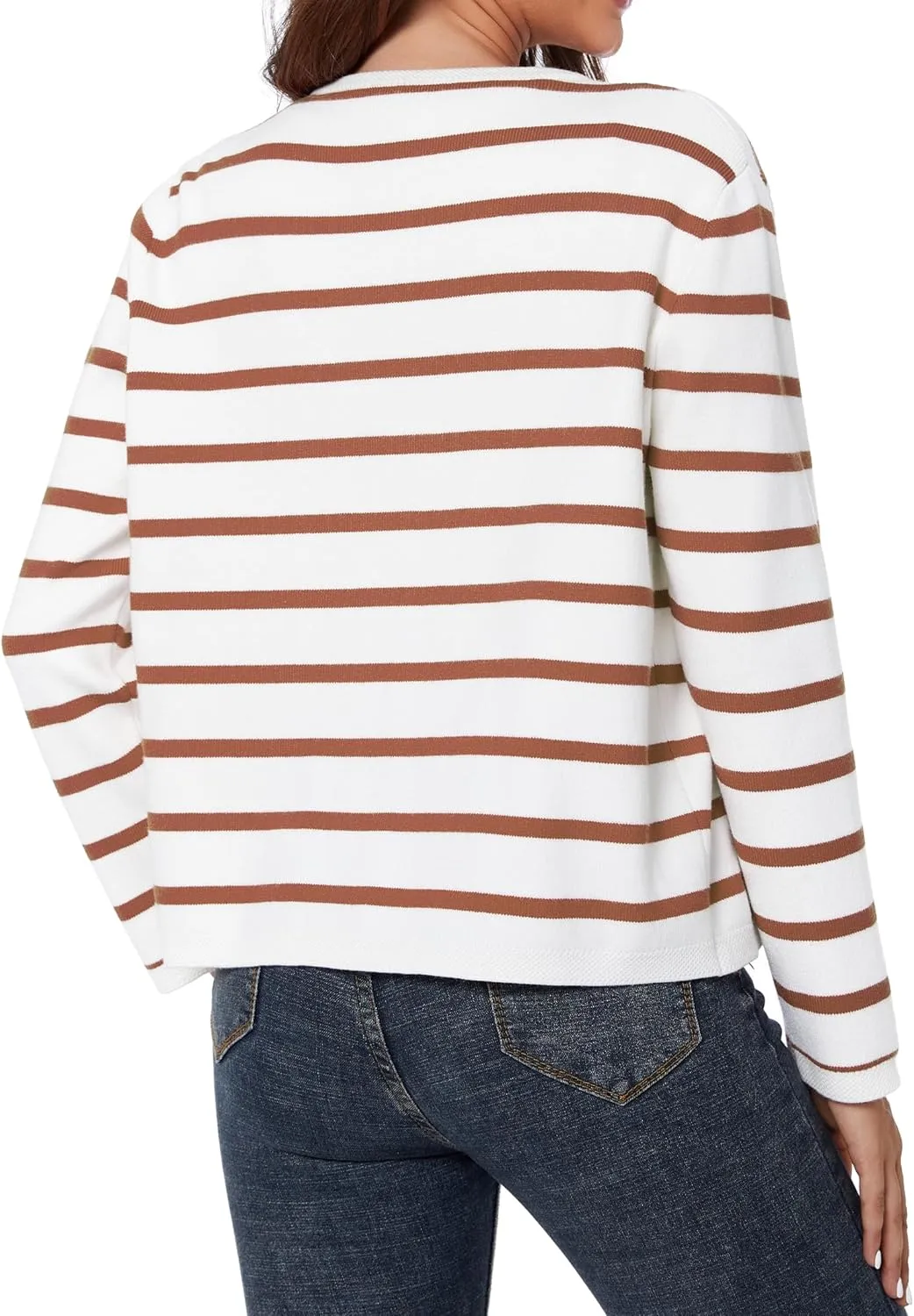 Women's Striped Cardigan Sweater Trendy Long Sleeve Button Down Crewneck Knit Cardigans