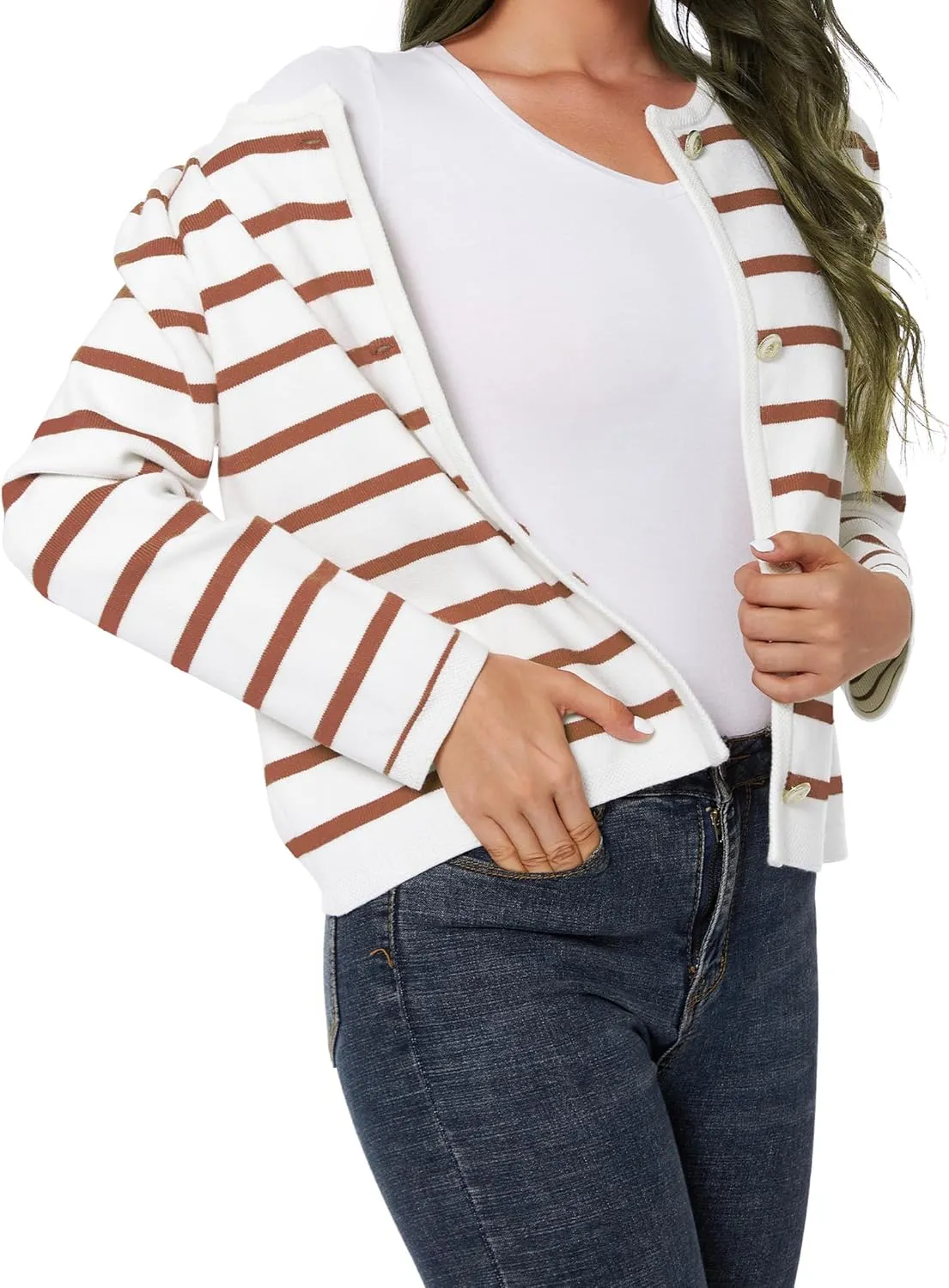 Women's Striped Cardigan Sweater Trendy Long Sleeve Button Down Crewneck Knit Cardigans