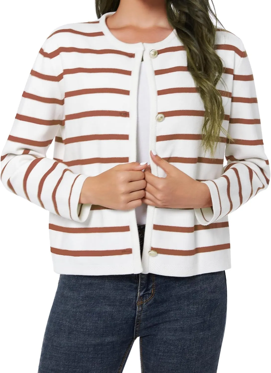 Women's Striped Cardigan Sweater Trendy Long Sleeve Button Down Crewneck Knit Cardigans
