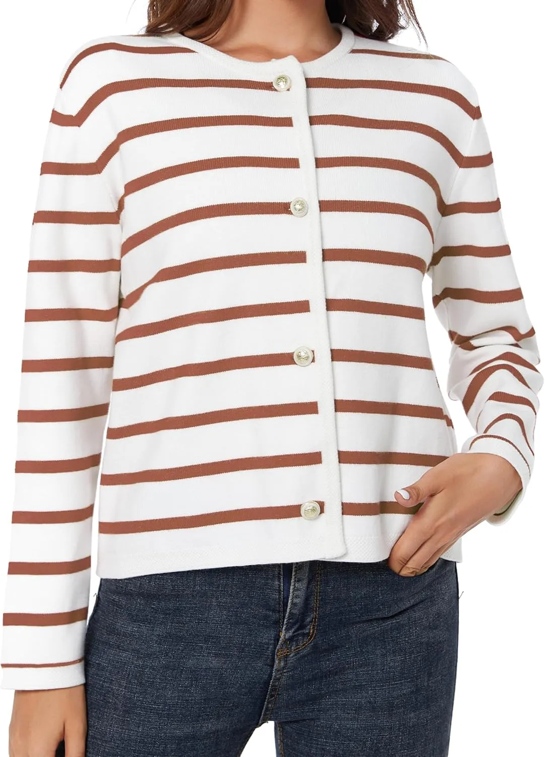 Women's Striped Cardigan Sweater Trendy Long Sleeve Button Down Crewneck Knit Cardigans