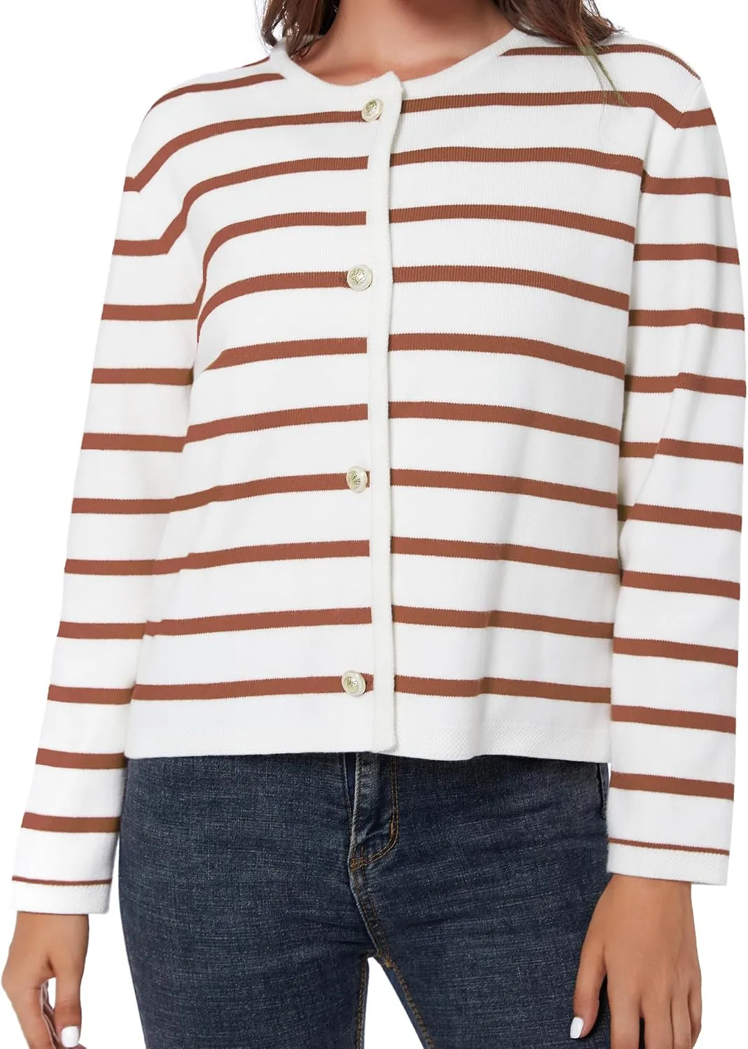 Women's Striped Cardigan Sweater Trendy Long Sleeve Button Down Crewneck Knit Cardigans