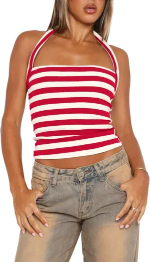 Womens Striped Halter Tops Cute Summer Slim Fit Sleeveless Open Back Camisole Crop Tops for Teens Y2k Trendy Tank