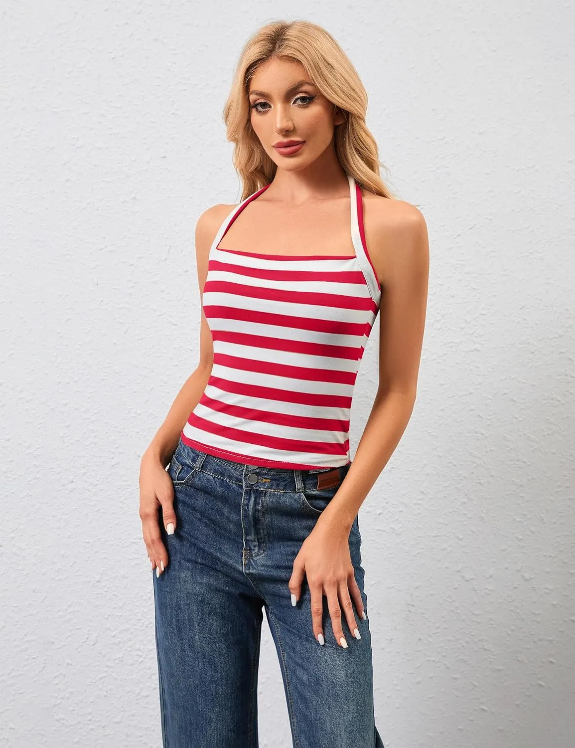 Womens Striped Halter Tops Cute Summer Slim Fit Sleeveless Open Back Camisole Crop Tops for Teens Y2k Trendy Tank