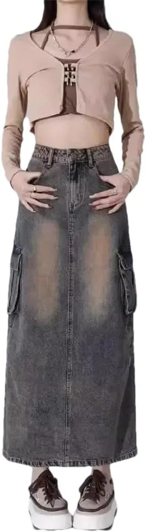 Women's Style Vintage High-Waisted Slimming Denim Medium-Length A- Line Side Slit Skirt