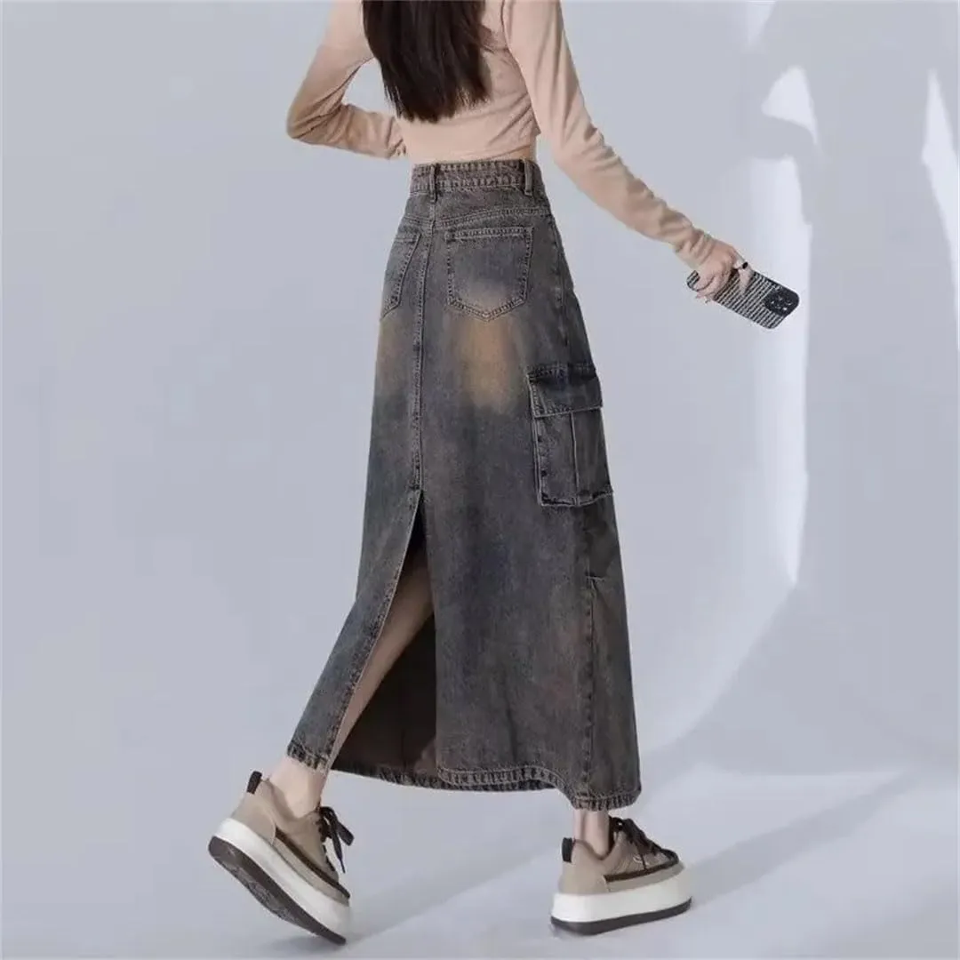 Women's Style Vintage High-Waisted Slimming Denim Medium-Length A- Line Side Slit Skirt