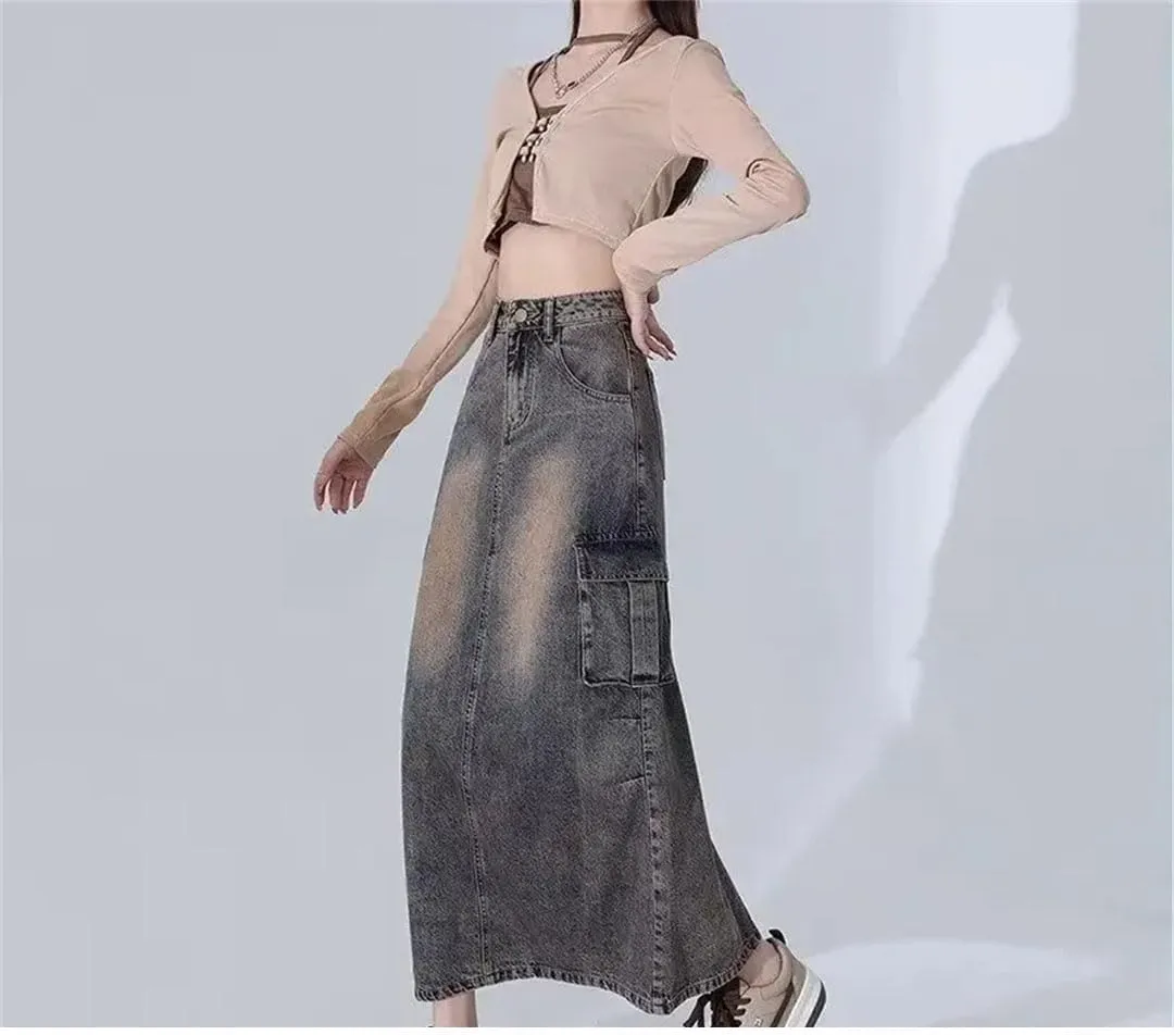 Women's Style Vintage High-Waisted Slimming Denim Medium-Length A- Line Side Slit Skirt