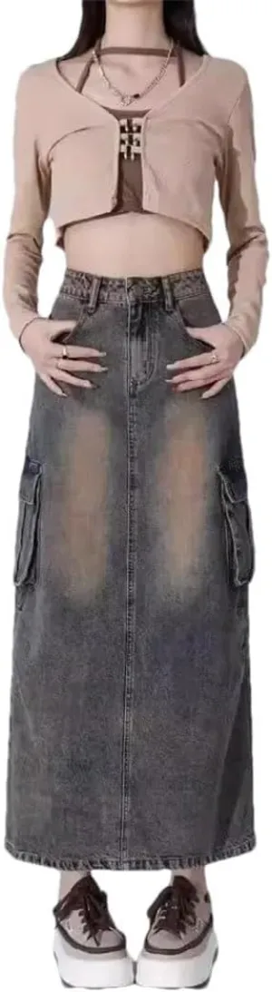 Women's Style Vintage High-Waisted Slimming Denim Medium-Length A- Line Side Slit Skirt