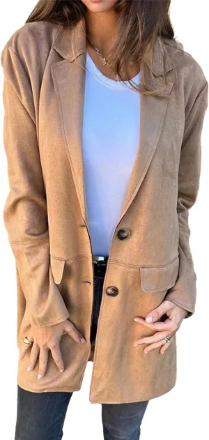 Womens Suede Blazer Button up Business Long Jackets Notched Lapel Faux Leather Trench Overcoats Pea Coats Winter Suit Outwear