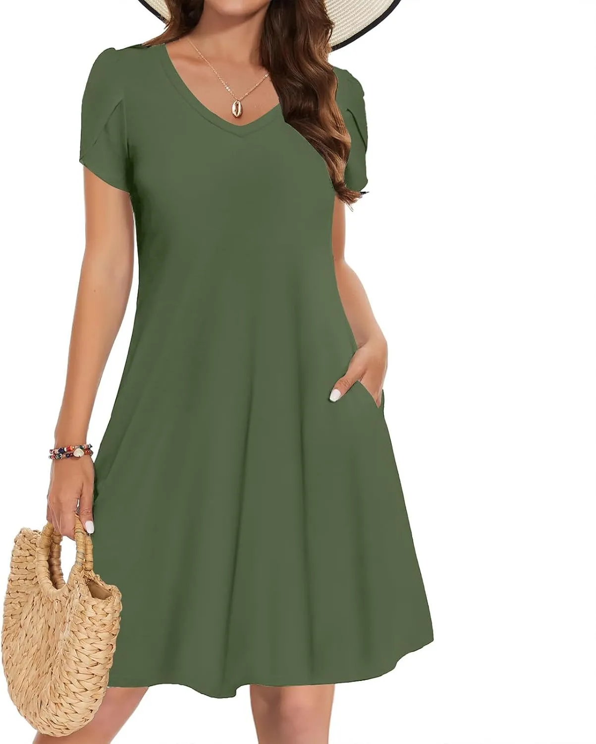 Womens Summer A-Line Dress Casual Floral Boho Dresses Flowy Beach Swing Sundress with Pockets Vacation Travel Outfits