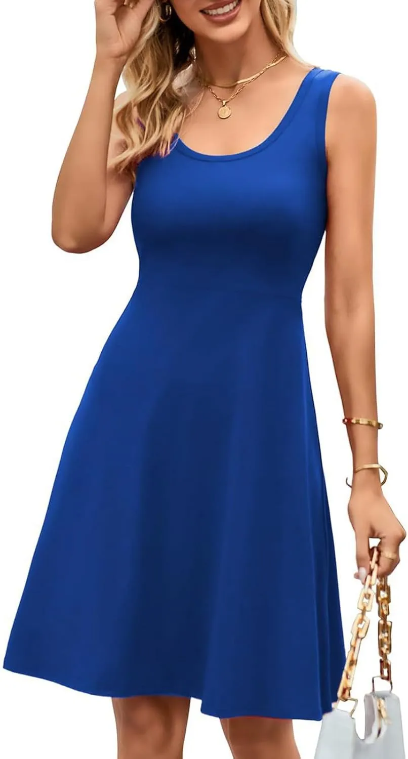 Women's Summer Casual Dresses Sleeveless Round Neck Short Tank Dress Knee Length A Line Beach Swing Skater Sundress