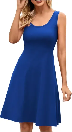 Women's Summer Casual Dresses Sleeveless Round Neck Short Tank Dress Knee Length A Line Beach Swing Skater Sundress