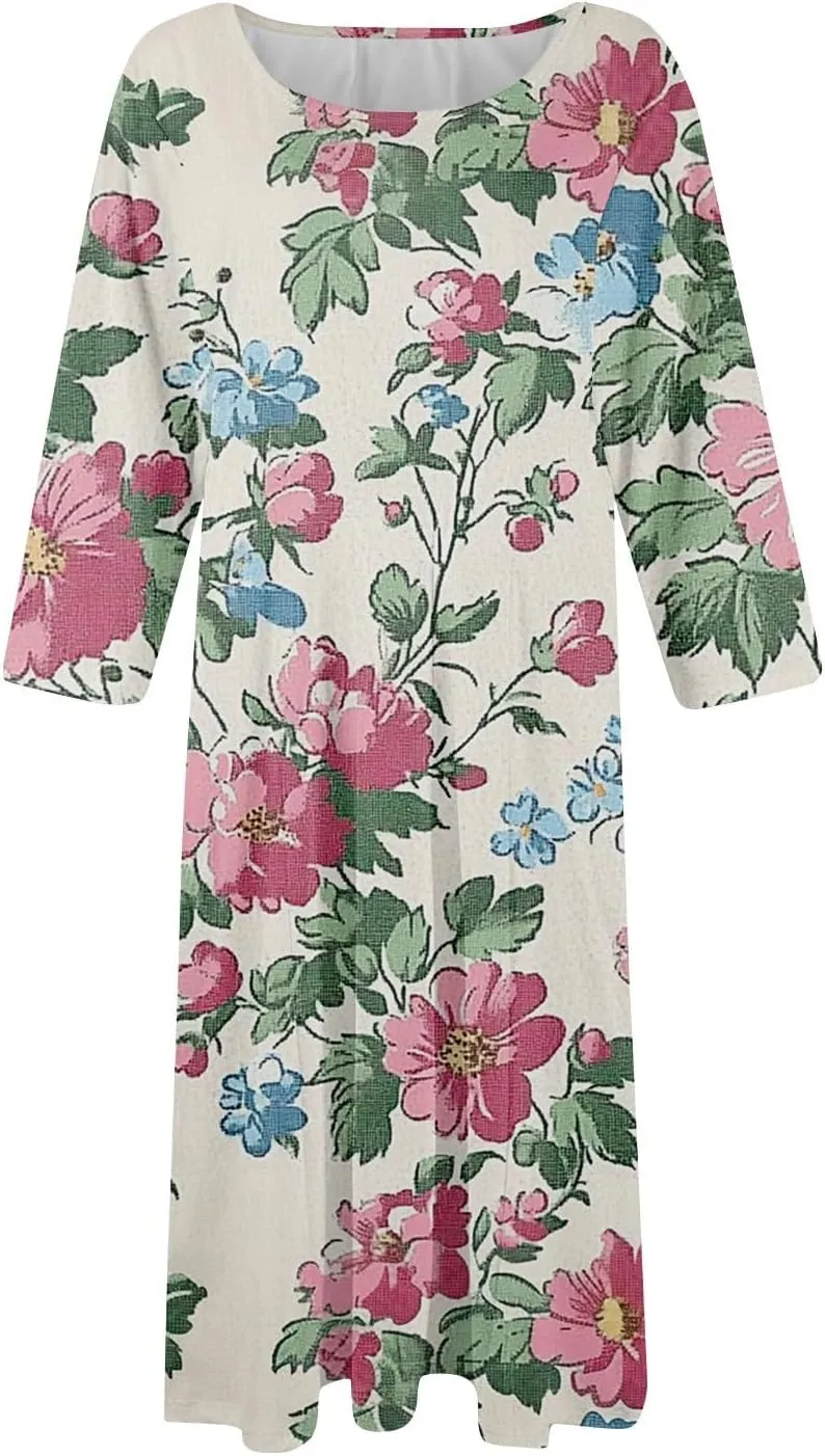 Women's Summer Casual Loose Trendy Crew Neck 3/4 Sleeve Floral Print Midi Boho Dresses 2025 Plus Size, S-3XL