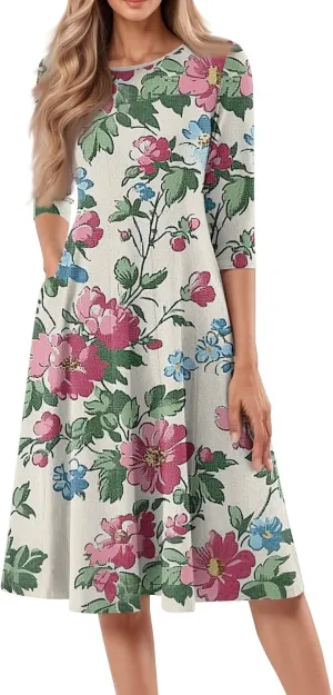 Women's Summer Casual Loose Trendy Crew Neck 3/4 Sleeve Floral Print Midi Boho Dresses 2025 Plus Size, S-3XL