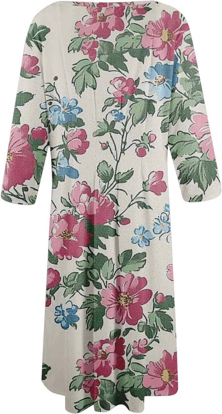 Women's Summer Casual Loose Trendy Crew Neck 3/4 Sleeve Floral Print Midi Boho Dresses 2025 Plus Size, S-3XL
