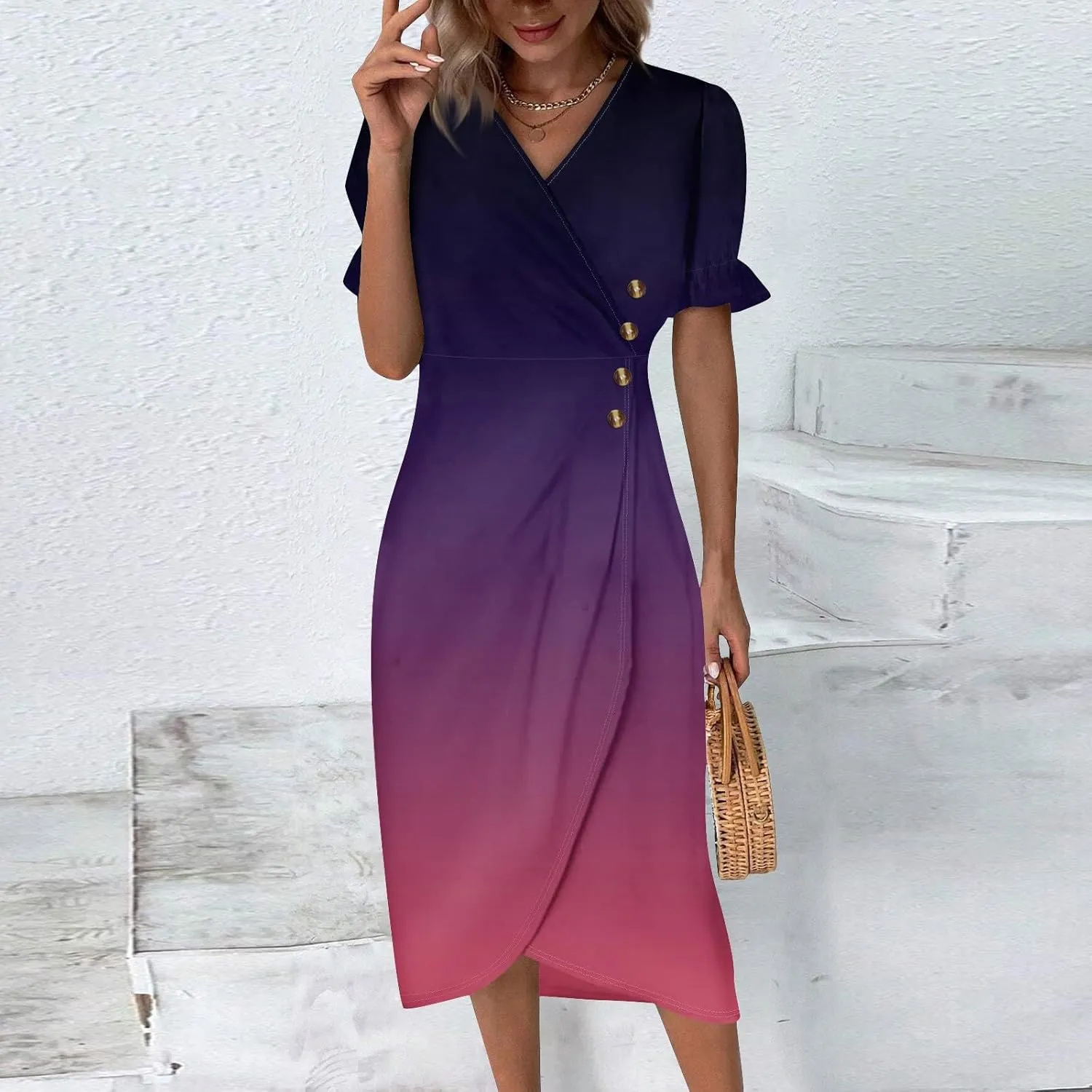 Women's Summer Casual Loose Trendy Short Sleeve V-Neck Floral Printed Solid Sun Beach Vacation Dress, S-3XL