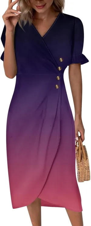 Women's Summer Casual Loose Trendy Short Sleeve V-Neck Floral Printed Solid Sun Beach Vacation Dress, S-3XL