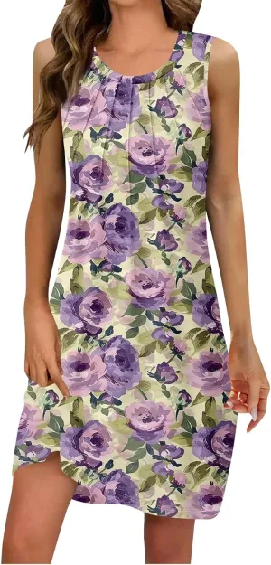 Women's Summer Casual U Neck Tank Top A Line Pleated Floral Print Sleeveless Loose Beach Vacation Mini Sundresses