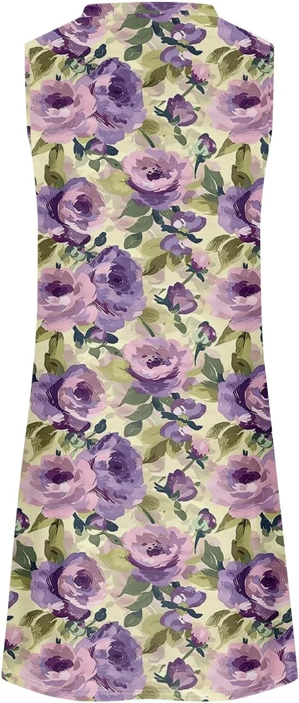 Women's Summer Casual U Neck Tank Top A Line Pleated Floral Print Sleeveless Loose Beach Vacation Mini Sundresses
