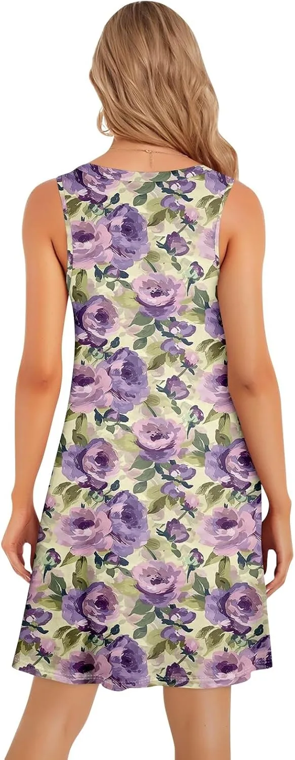 Women's Summer Casual U Neck Tank Top A Line Pleated Floral Print Sleeveless Loose Beach Vacation Mini Sundresses