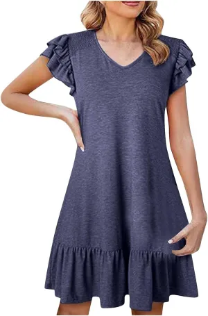 Womens Summer Dress 2025 Cute Ruffle Short Sleeved Mini Dress Casual Vacation Beach Dress Ruffle Hem Holiday Sundress