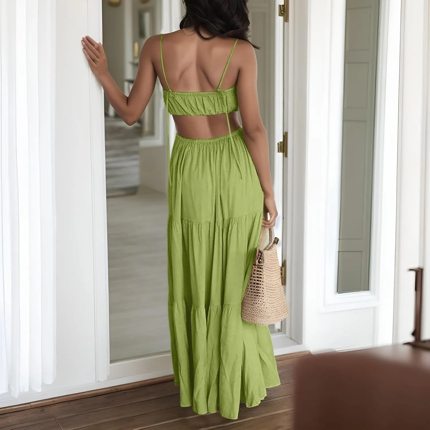 Women's Summer Dress Beach Vacation 2024 Solid Color Sleeveless Casual Sundresses Spaghetti Straps Maxi Dresses
