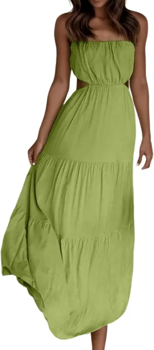 Women's Summer Dress Beach Vacation 2024 Solid Color Sleeveless Casual Sundresses Spaghetti Straps Maxi Dresses