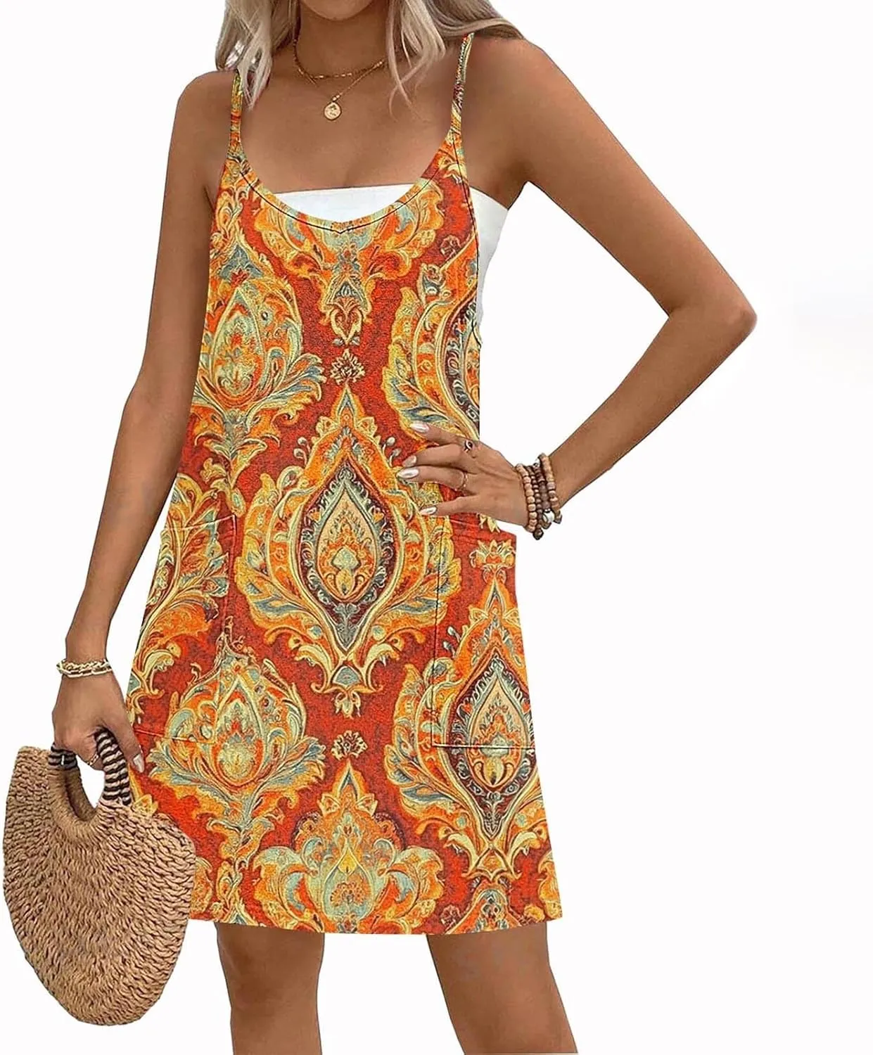 Womens Summer Dress Fashion Boho Sundress Casual Spaghetti Strap Floral Print Beach Vacation Short Dress