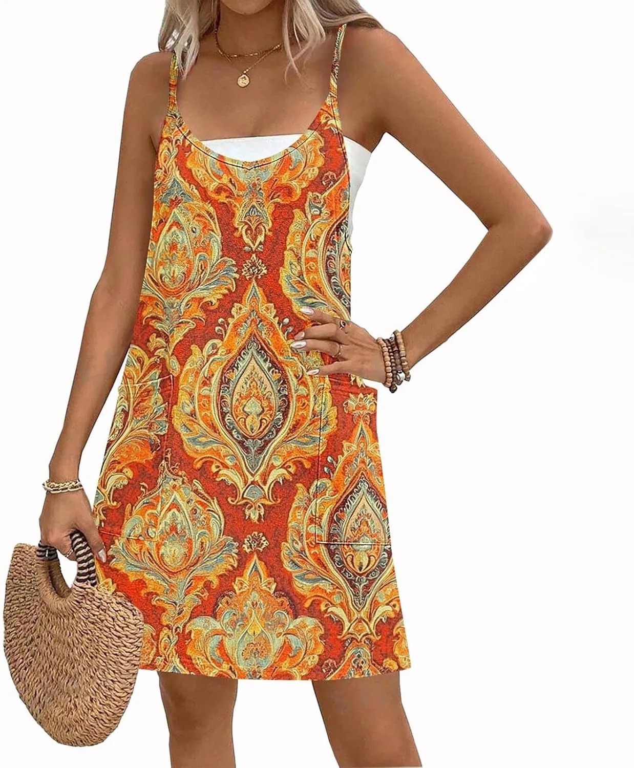 Womens Summer Dress Fashion Boho Sundress Casual Spaghetti Strap Floral Print Beach Vacation Short Dress