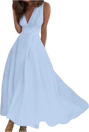 Women's Summer Dresses 2024 V-Neck Sleeveless Maxi Dresses Casual Outdoor Loose Solid Color Dress, S-3XL