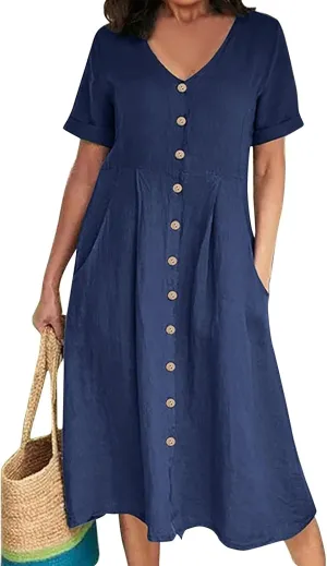 Women's Summer Dresses 2025 Casual Loose Trendy Short Sleeve V-Neck Solid Color Button Linen Dress Plus Size, S-5XL