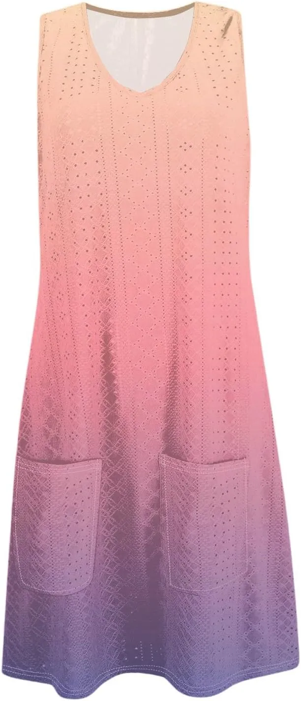 Womens Summer Dresses 2025 Eyelet Casual Loose V Neck Sleeveless Sundresses Tank Coverup Dresses with Pockets