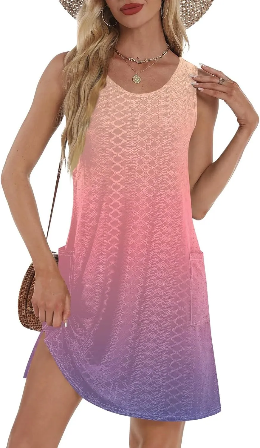 Womens Summer Dresses 2025 Eyelet Casual Loose V Neck Sleeveless Sundresses Tank Coverup Dresses with Pockets
