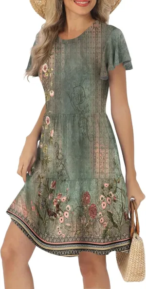 Women's Summer Dresses 2025 Puff Short Sleeve Dress Vintage Floral Boho Flowy Midi Beach Party Short Sundress, S-2XL