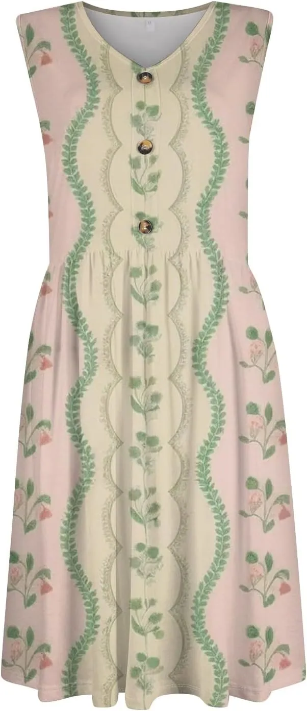 Womens Summer Dresses 2025 Sleeveless Trendy Boho Tank Dress Midi Floral Beach Vacation Sundresses with Pockets