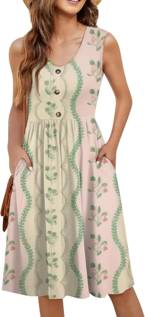 Womens Summer Dresses 2025 Sleeveless Trendy Boho Tank Dress Midi Floral Beach Vacation Sundresses with Pockets