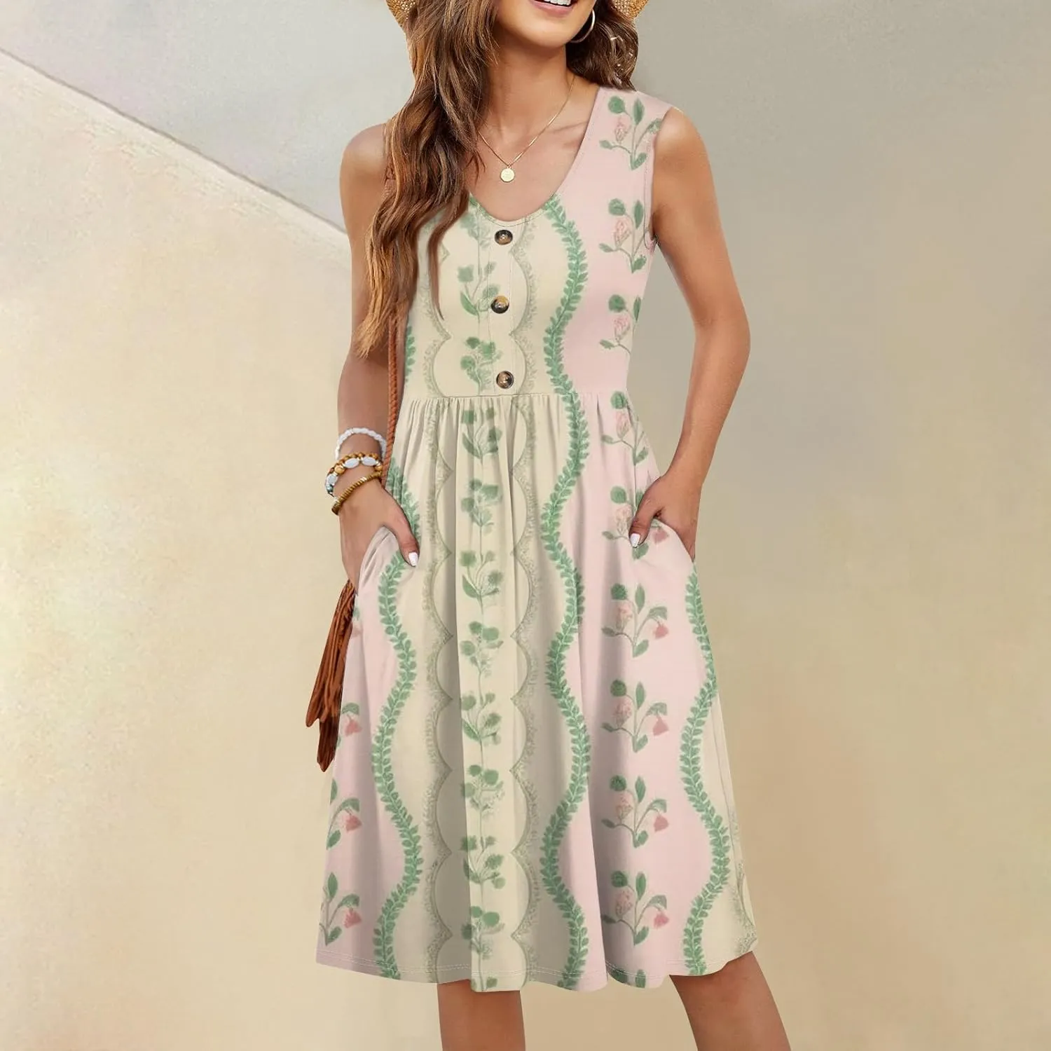 Womens Summer Dresses 2025 Sleeveless Trendy Boho Tank Dress Midi Floral Beach Vacation Sundresses with Pockets