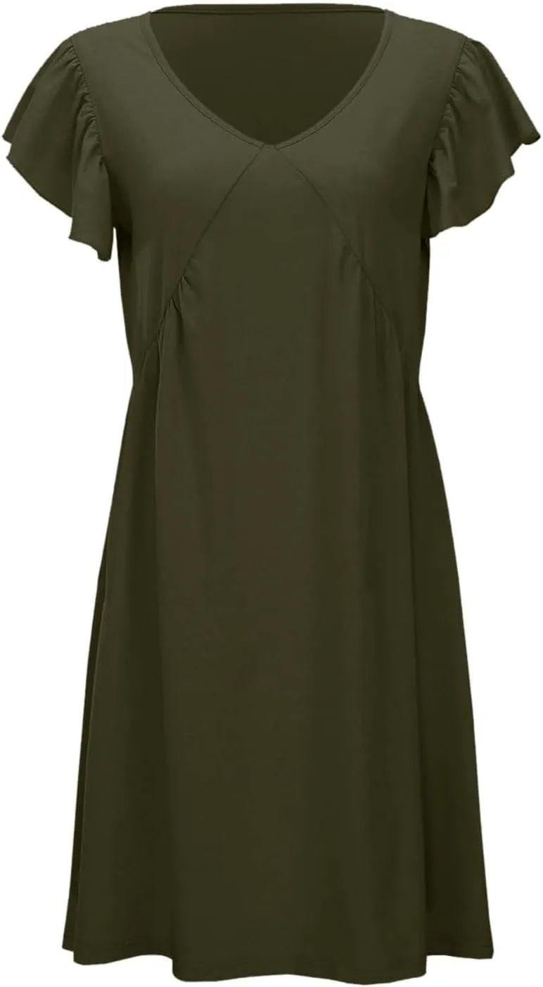 Women's Summer Dresses 2025 Vacation Dress Beach Casual Deep V Neck Loose Sundress Ruffle Sleeve Mini Dress