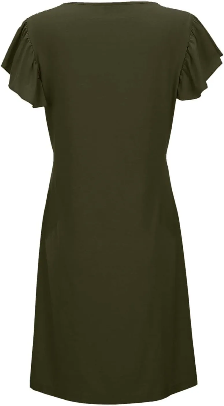 Women's Summer Dresses 2025 Vacation Dress Beach Casual Deep V Neck Loose Sundress Ruffle Sleeve Mini Dress
