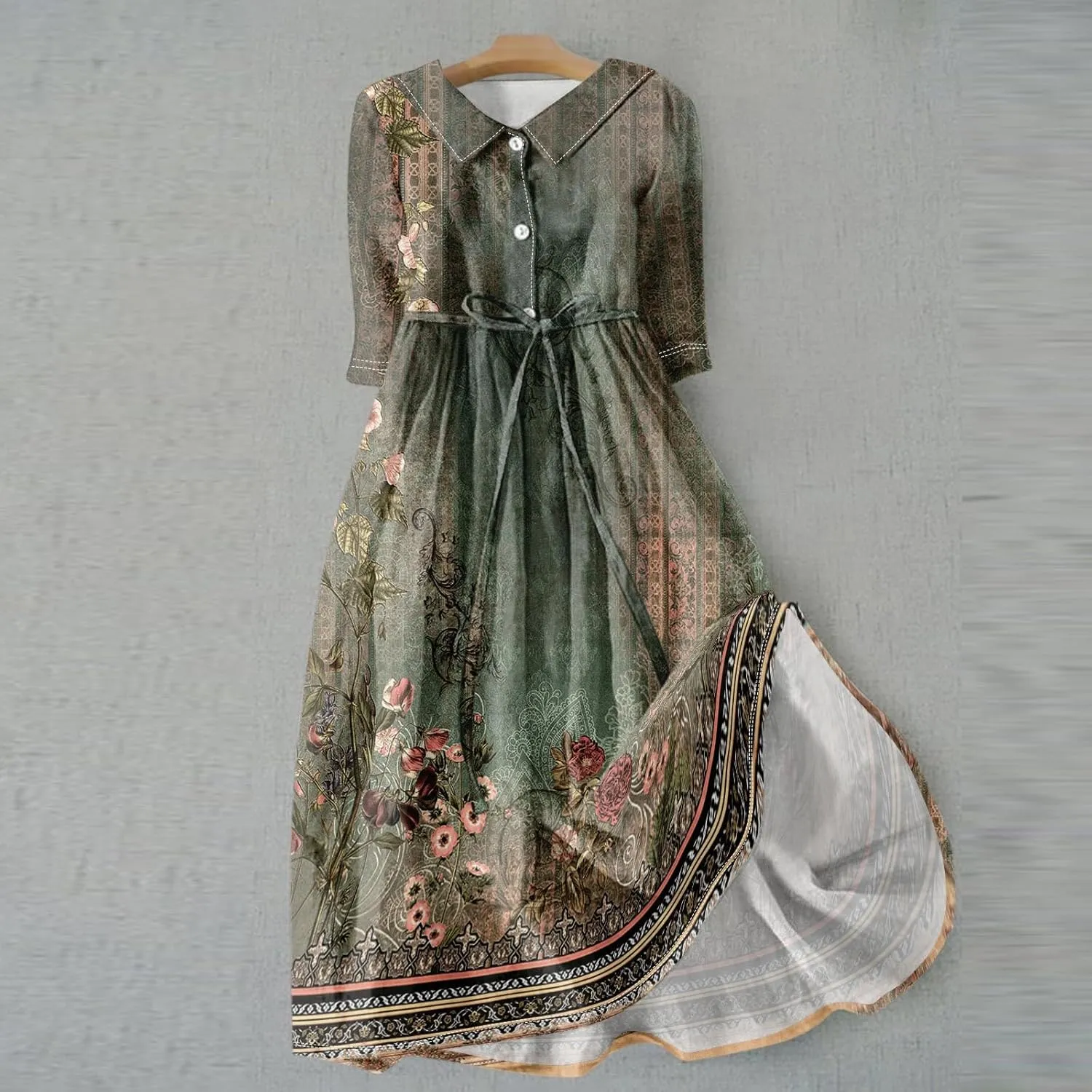 Women'S Summer Dresses 3/4 Sleeve Lapel Neck Button Cute A Line Lace-Up Dress Boho Floral Vacation Beach Long Dress