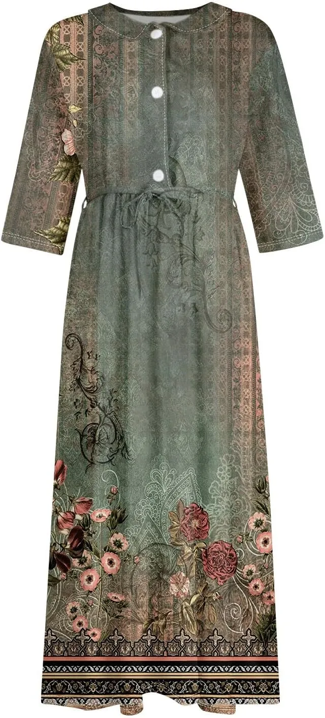 Women'S Summer Dresses 3/4 Sleeve Lapel Neck Button Cute A Line Lace-Up Dress Boho Floral Vacation Beach Long Dress
