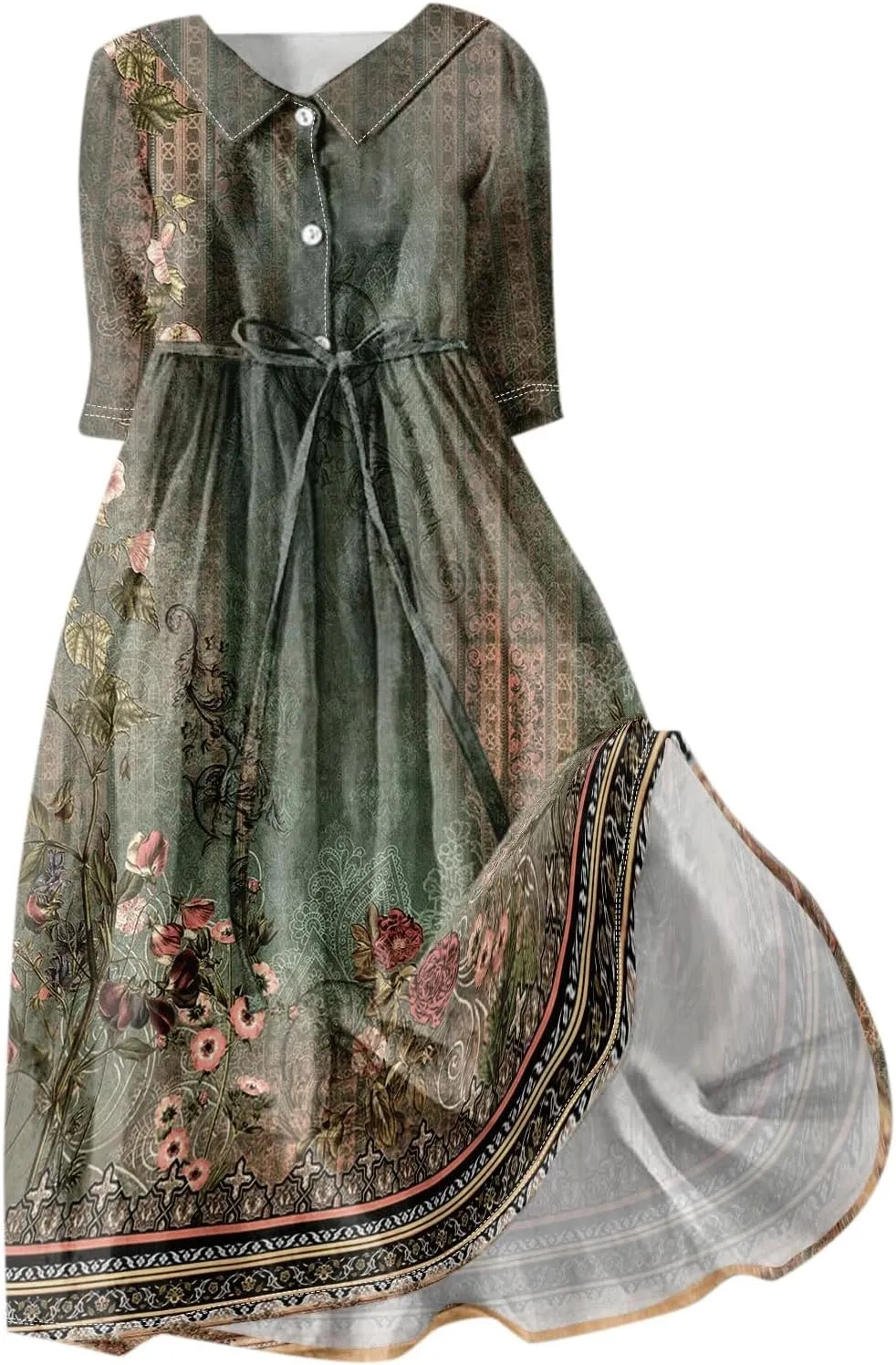 Women'S Summer Dresses 3/4 Sleeve Lapel Neck Button Cute A Line Lace-Up Dress Boho Floral Vacation Beach Long Dress